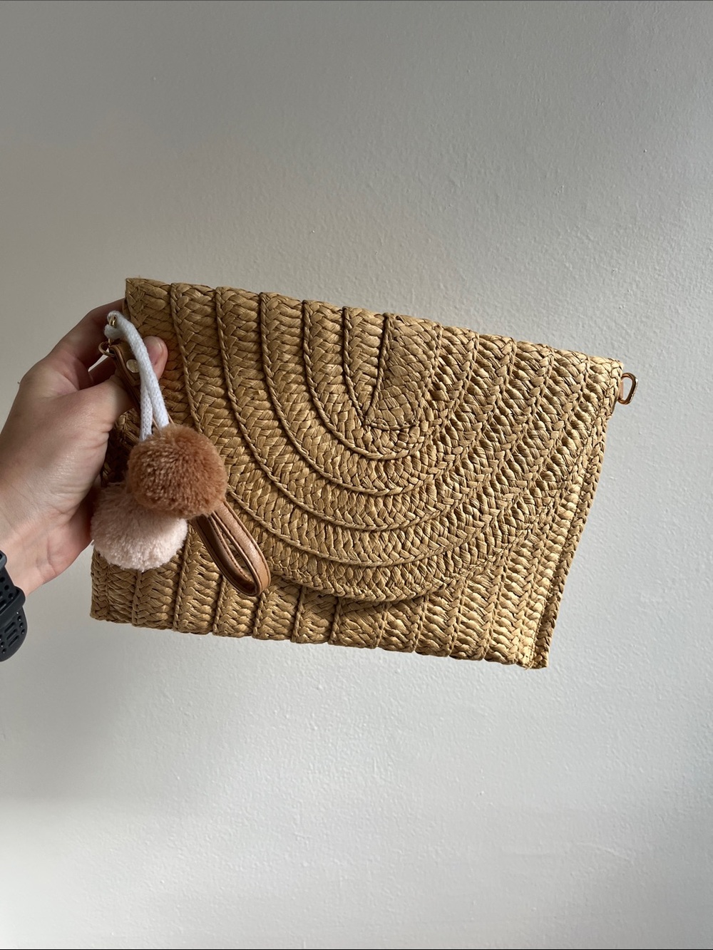 Woven Straw Clutch with Pom Pom Charm - Natural Tan